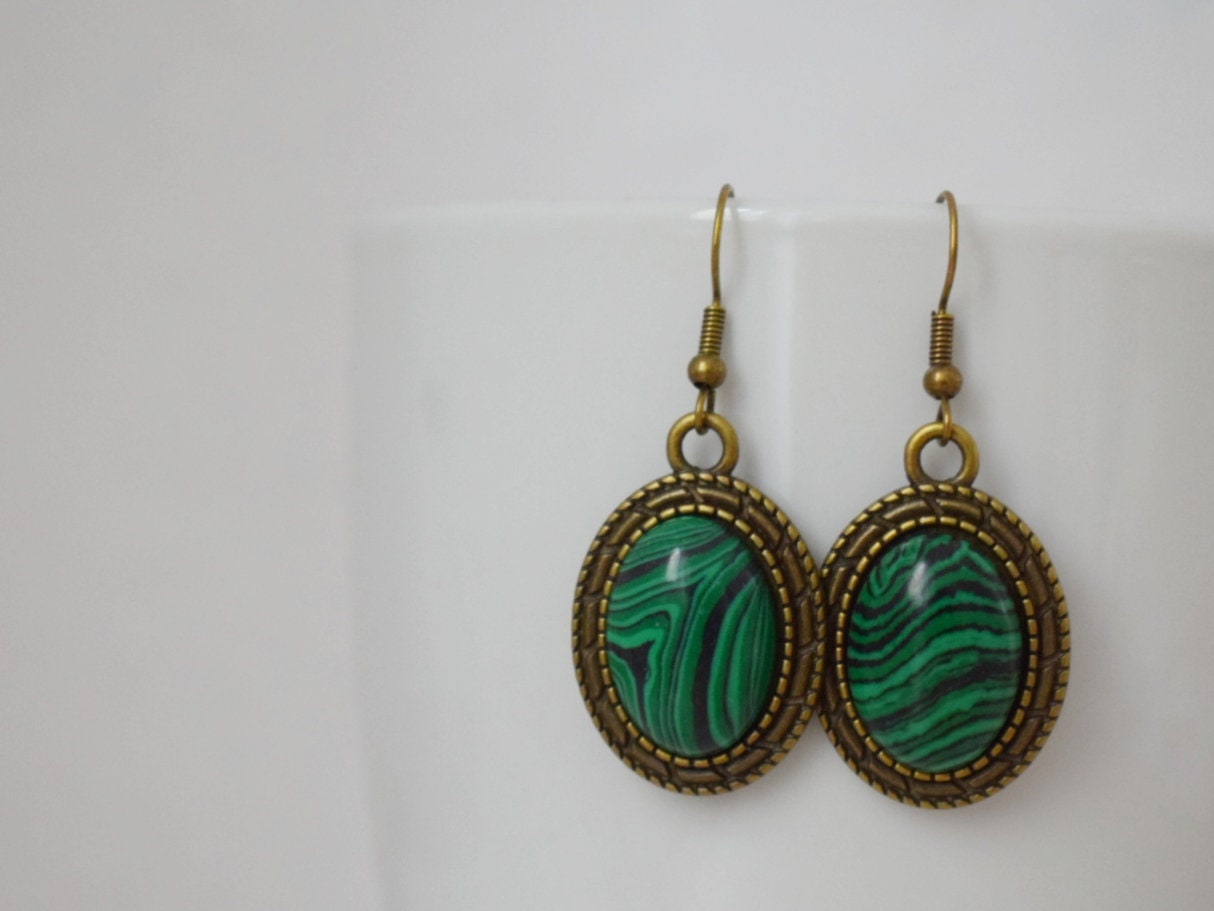 Vintage malachite earrings dangle, Oval green gemstone hanging earrings, Long statement filigree earrings, Malachite jewelry, Gift for women
