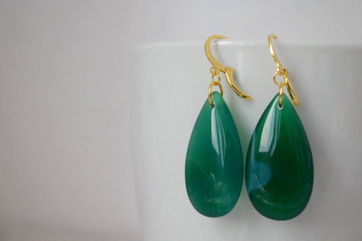 Natural green agate earrings, Long teardrop gemstone earrings, 24k gold plated hoops, Handmade jewelry gift for her