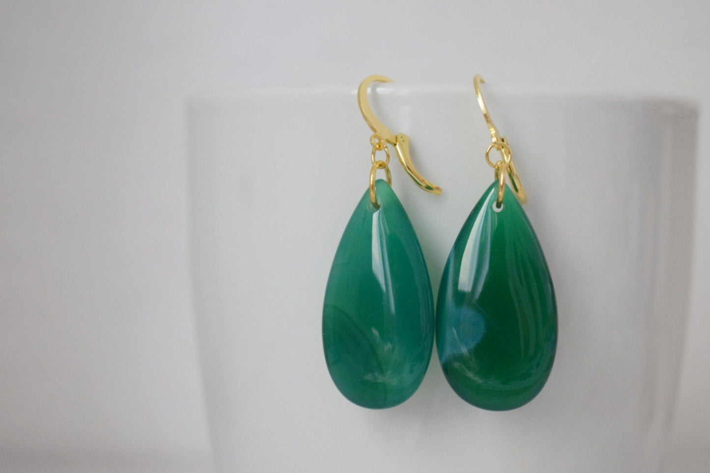 Natural green agate earrings, Long teardrop gemstone earrings, 24k gold plated hoops, Handmade jewelry gift for her