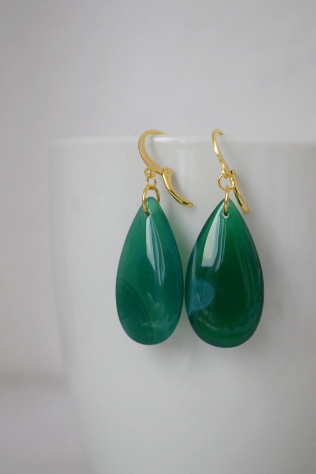 Natural green agate earrings, Long teardrop gemstone earrings, 24k gold plated hoops, Handmade jewelry gift for her