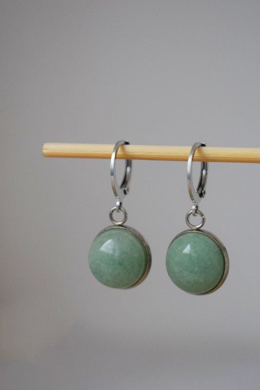 Aventurine huggie hoop earrings, Green gemstone dangle earrings, Birthstone round stainless steel pendant, Unisex jewelry gift