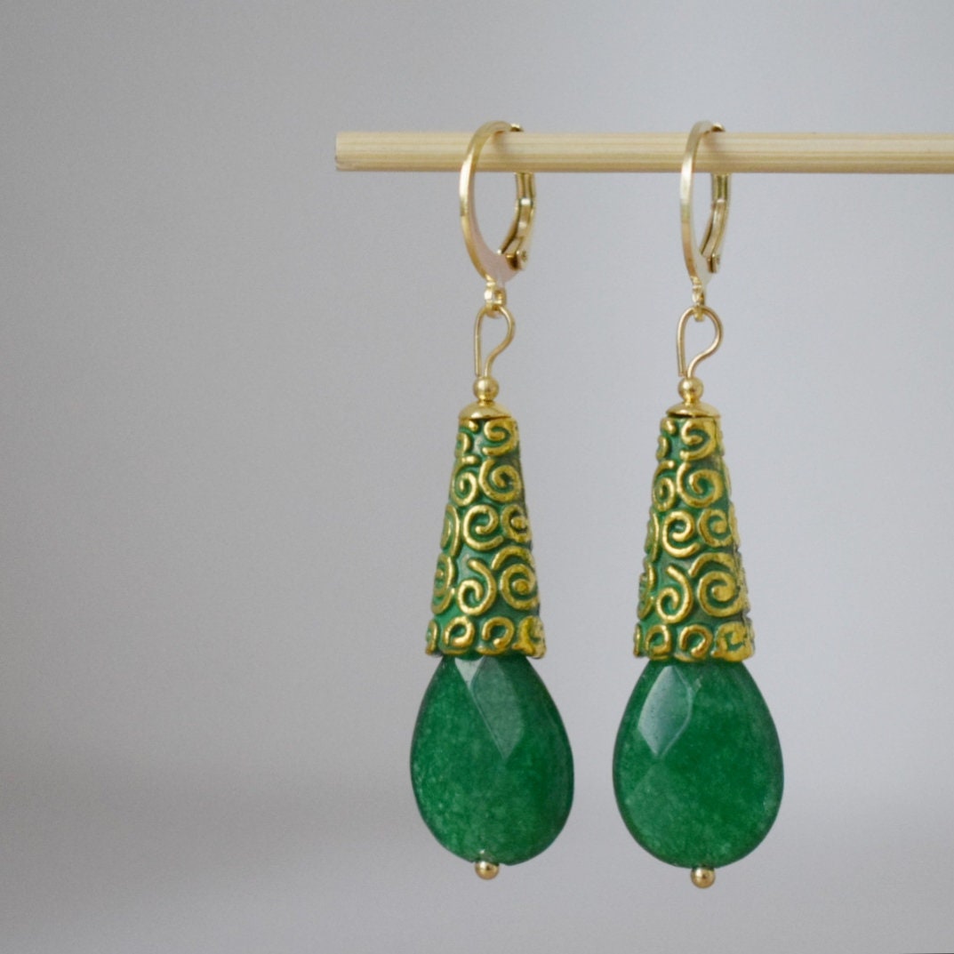 Vintage Green jade earrings, Teardrop enamel dangle earrings, Faceted gemstone drop huggies, Stone hoops, Unique jade jewelry, Gift for her