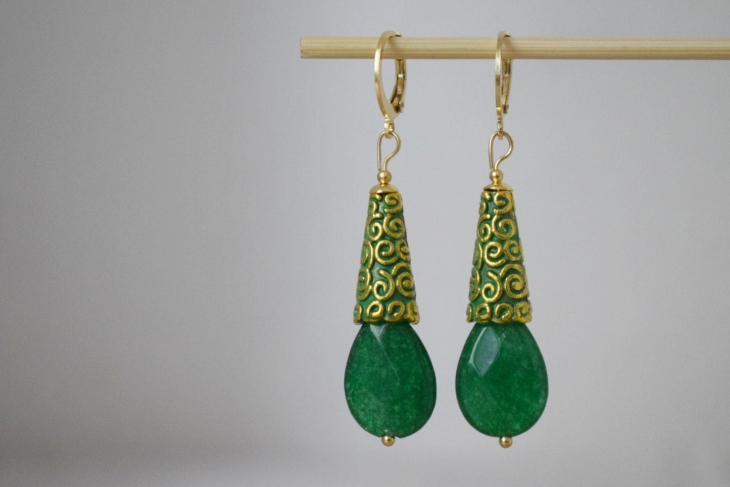 Vintage Green jade earrings, Teardrop enamel dangle earrings, Faceted gemstone drop huggies, Stone hoops, Unique jade jewelry, Gift for her