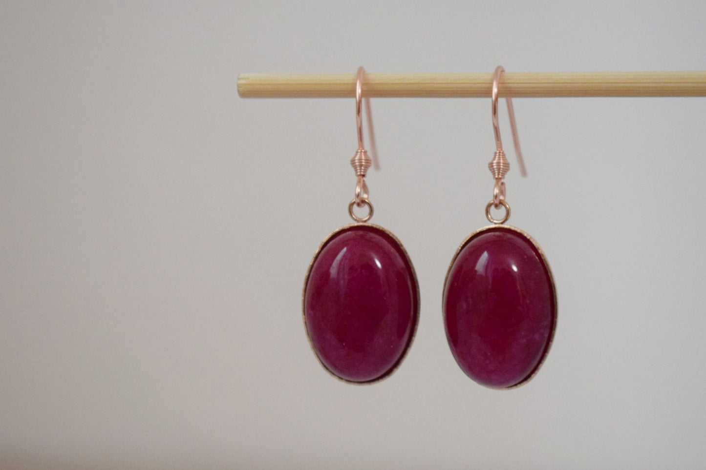 Violet Red Jade Dangle Earrings, Oval Gemstone Hanging Earrings, Rose Gold Plated Stainless Steel, Jade Jewelry For Women, Gift For Her