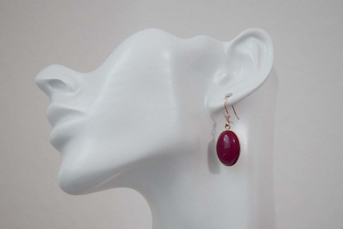 Violet Red Jade Dangle Earrings, Oval Gemstone Hanging Earrings, Rose Gold Plated Stainless Steel, Jade Jewelry For Women, Gift For Her