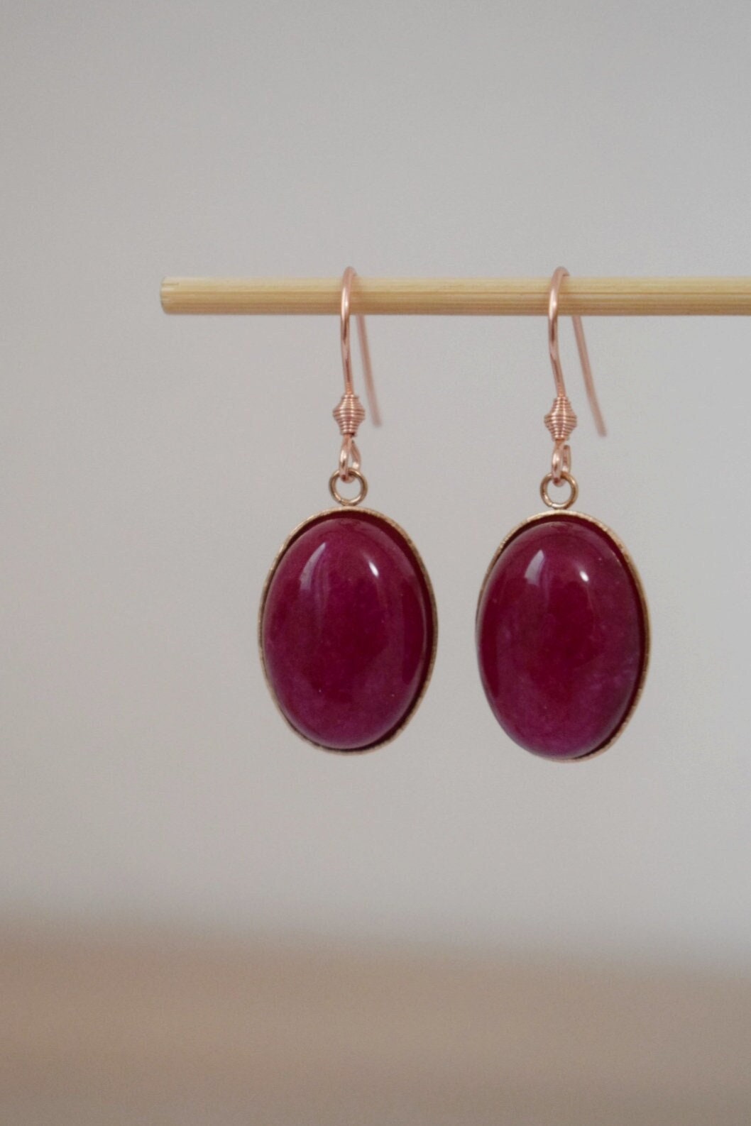 Violet Red Jade Dangle Earrings, Oval Gemstone Hanging Earrings, Rose Gold Plated Stainless Steel, Jade Jewelry For Women, Gift For Her