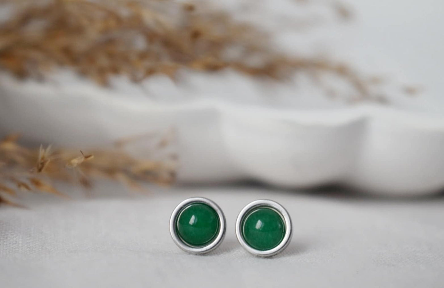 Grüne Jade Ohrstecker Silber, Minimalistisch, 8mm, 10mm, Positiver Schmuck, Edelstein, Ohrstecker, Rund, Geburtstagsgeschenk für Sie