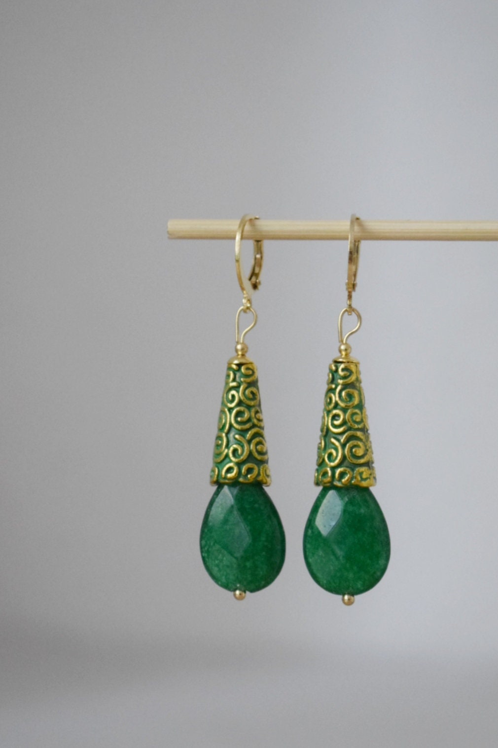 Vintage Green jade earrings, Teardrop enamel dangle earrings, Faceted gemstone drop huggies, Stone hoops, Unique jade jewelry, Gift for her