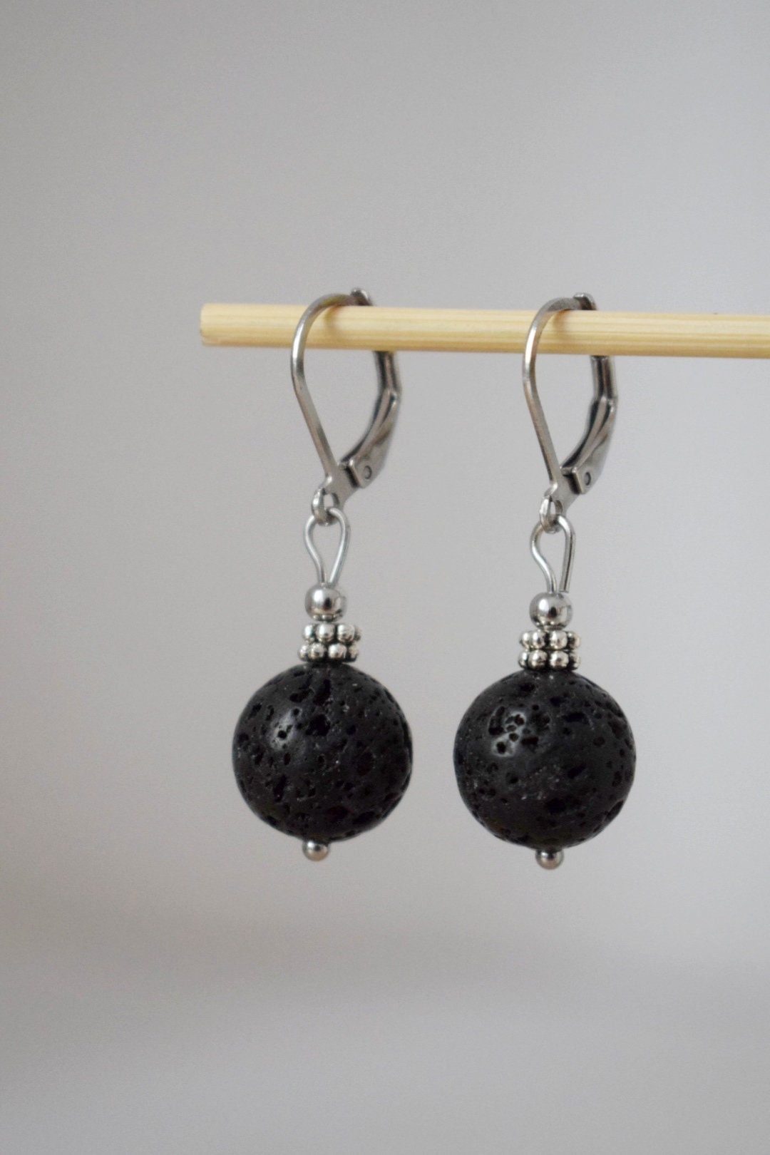 Lava stone bead earrings, Black gemstone huggie hoops, Lava rock, Diffuser Jewelry, Lever back, Stainless steel, Essential oil, Gift for her