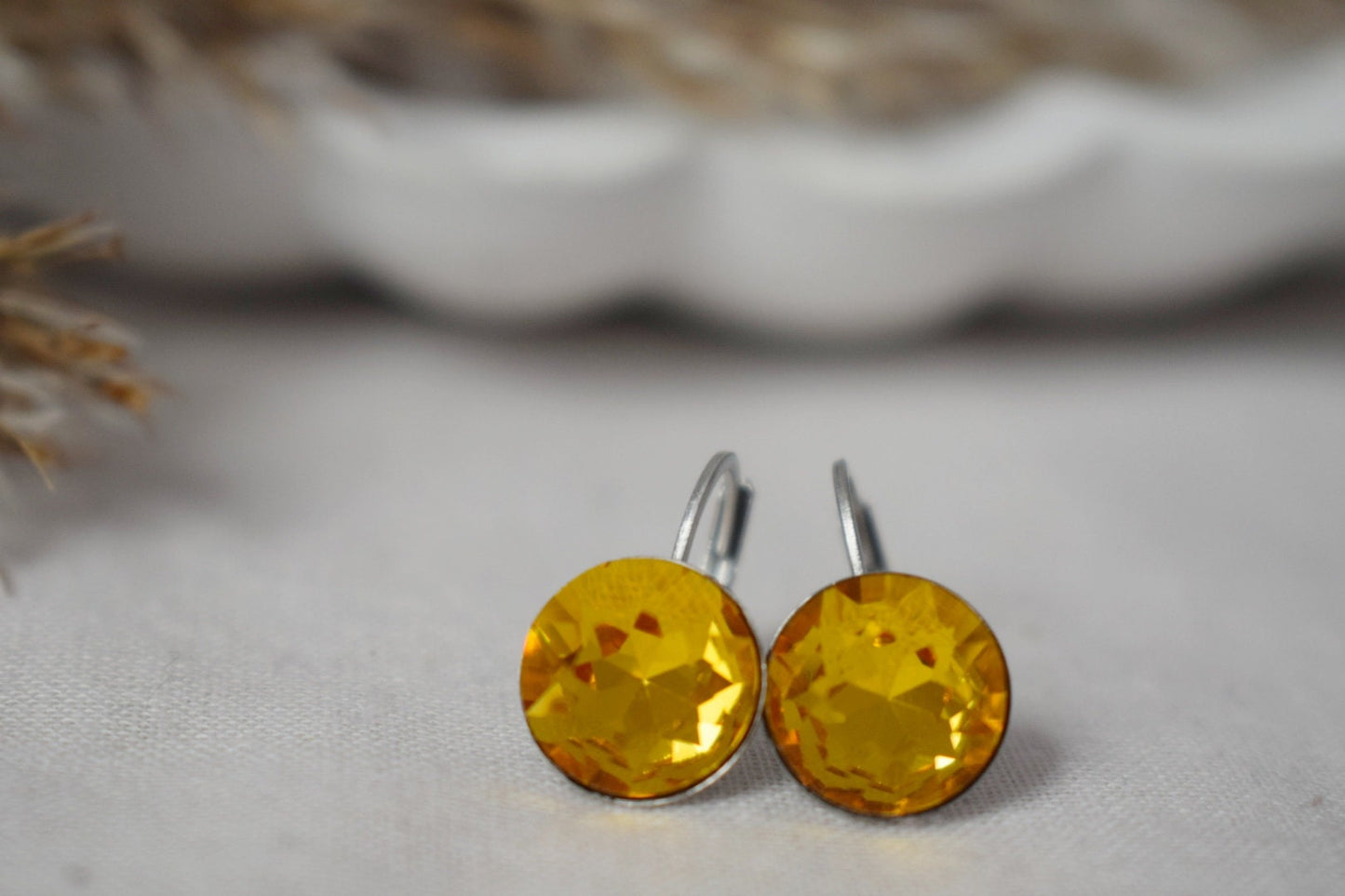 Yellow Rhinestone Earrings, Faceted, Crystal Earrings, 10mm, Glass Dangle Earrings, Small Elegant Leverback Earrings, Jewelry Gift For Her