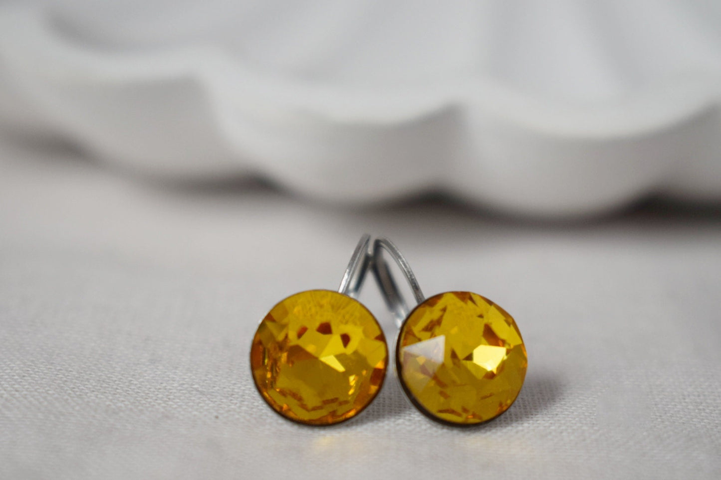 Yellow Rhinestone Earrings, Faceted, Crystal Earrings, 10mm, Glass Dangle Earrings, Small Elegant Leverback Earrings, Jewelry Gift For Her