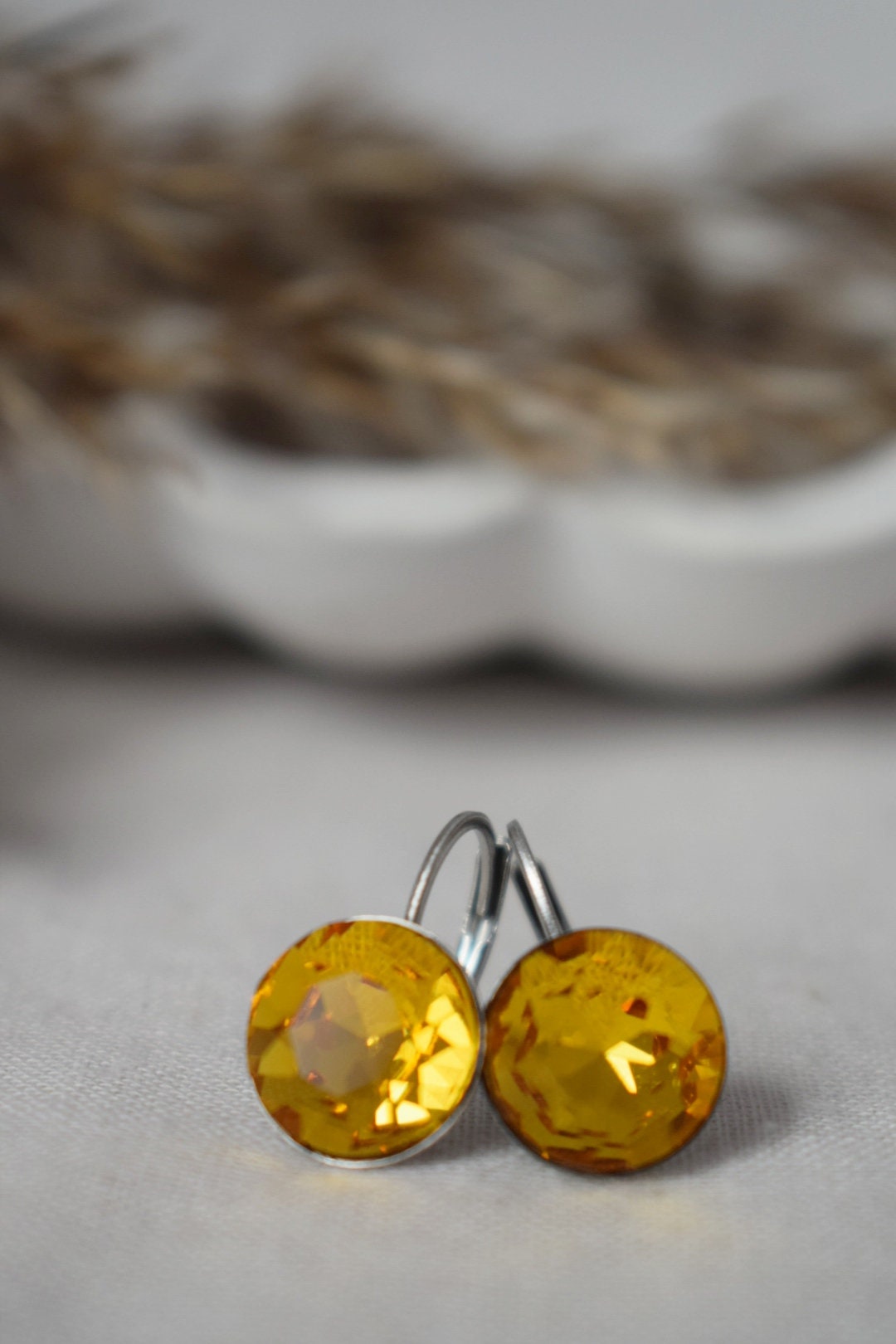 Yellow Rhinestone Earrings, Faceted, Crystal Earrings, 10mm, Glass Dangle Earrings, Small Elegant Leverback Earrings, Jewelry Gift For Her