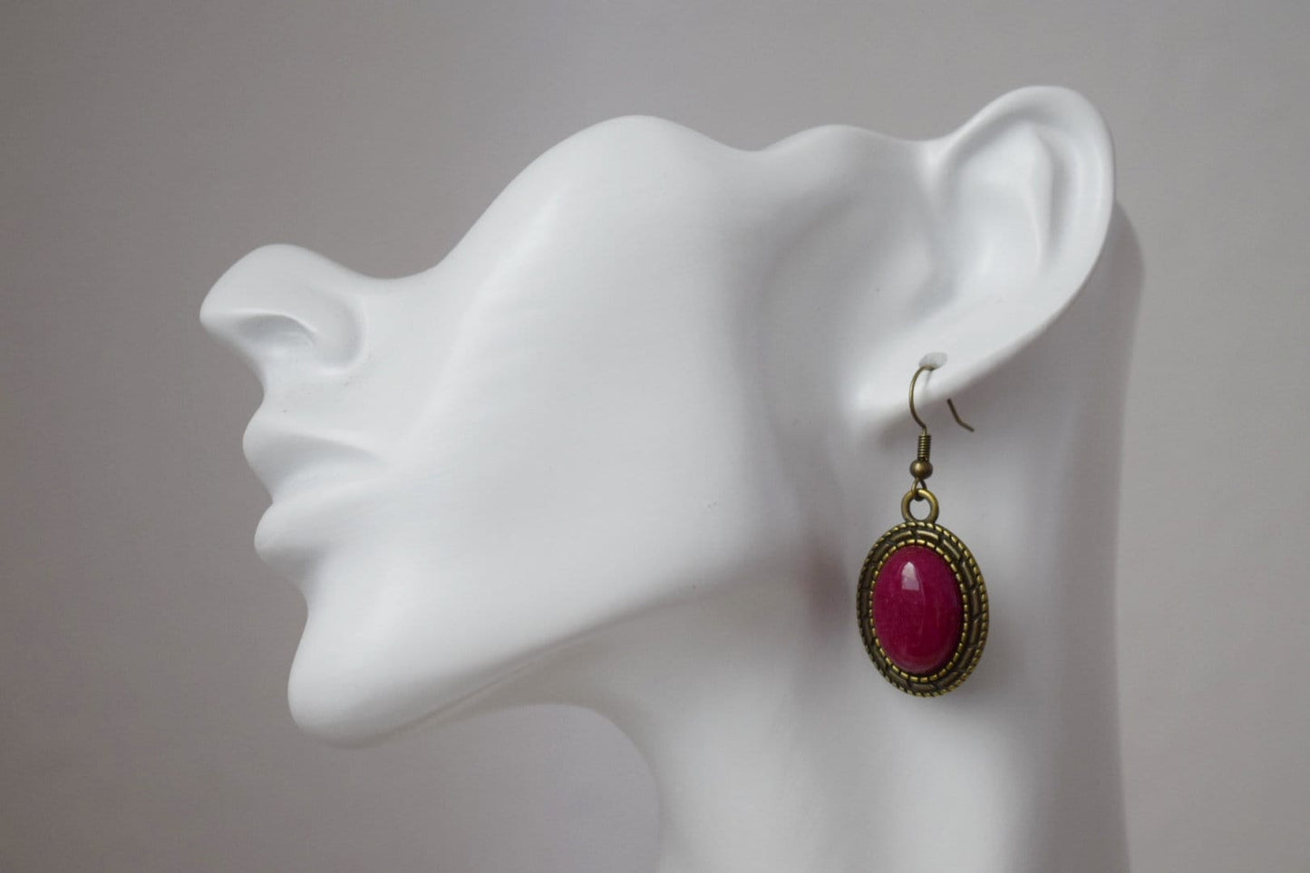 Vintage red jade dangle earrings, Burgundy red gemstone, Stone bronze oval pendant hanging, Statement filigree earrings, Jewelry gift women