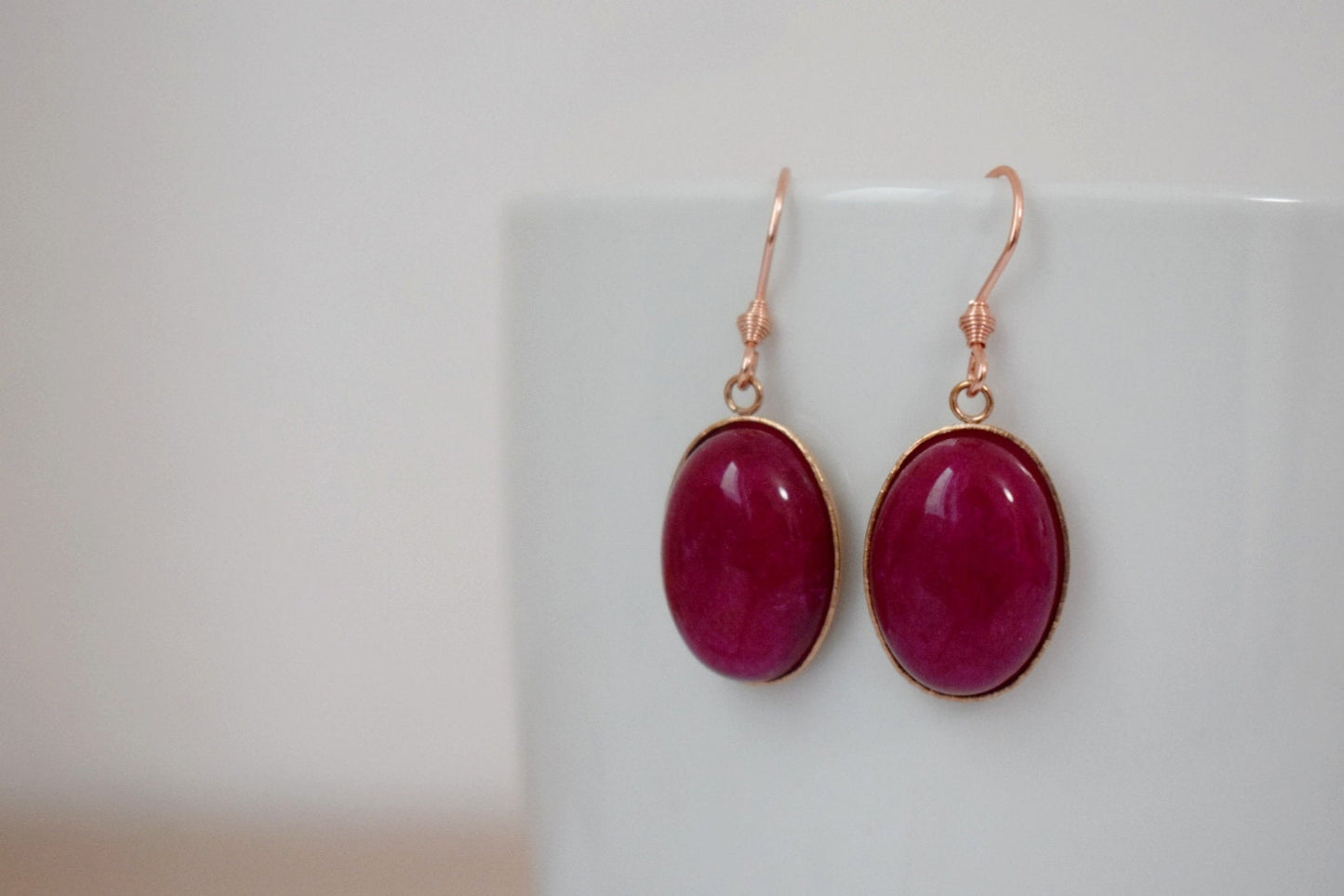 Violet Red Jade Dangle Earrings, Oval Gemstone Hanging Earrings, Rose Gold Plated Stainless Steel, Jade Jewelry For Women, Gift For Her