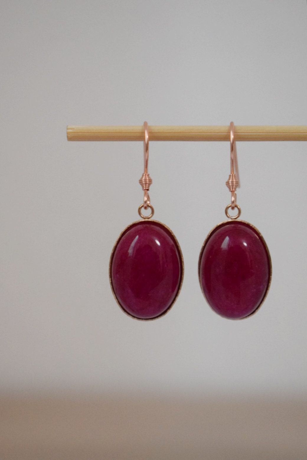 Violet Red Jade Dangle Earrings, Oval Gemstone Hanging Earrings, Rose Gold Plated Stainless Steel, Jade Jewelry For Women, Gift For Her