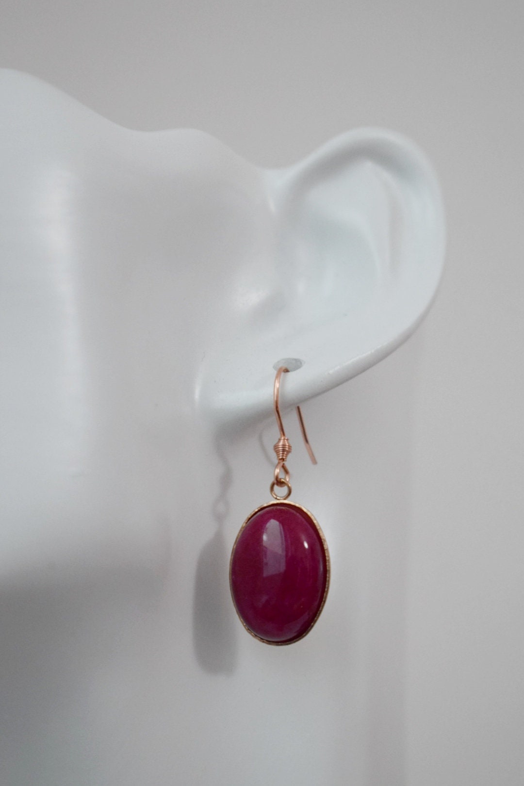 Violet Red Jade Dangle Earrings, Oval Gemstone Hanging Earrings, Rose Gold Plated Stainless Steel, Jade Jewelry For Women, Gift For Her