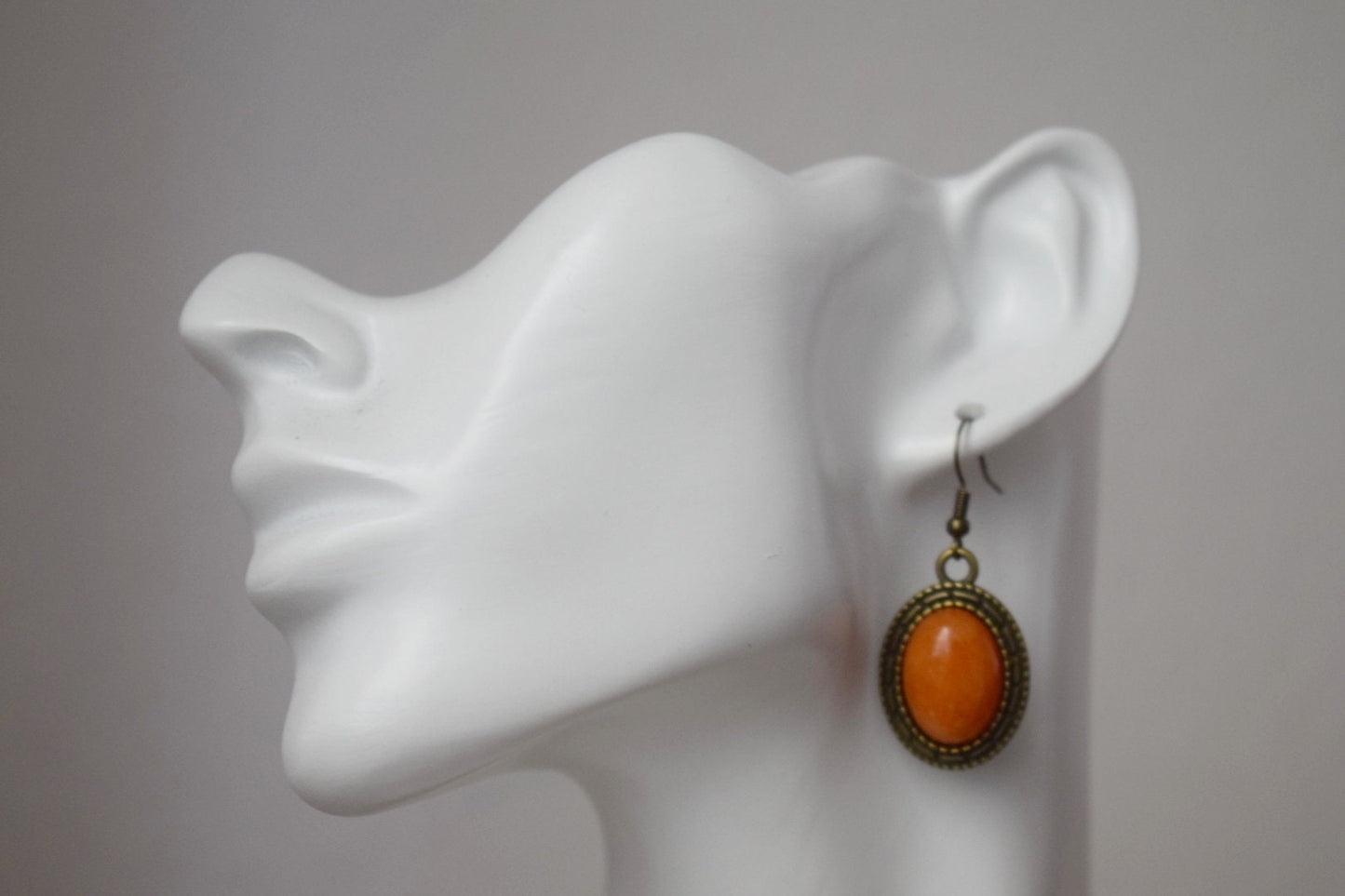 Vintage Orange Jade Dangle Earrings: Bronze Filigree Pendant