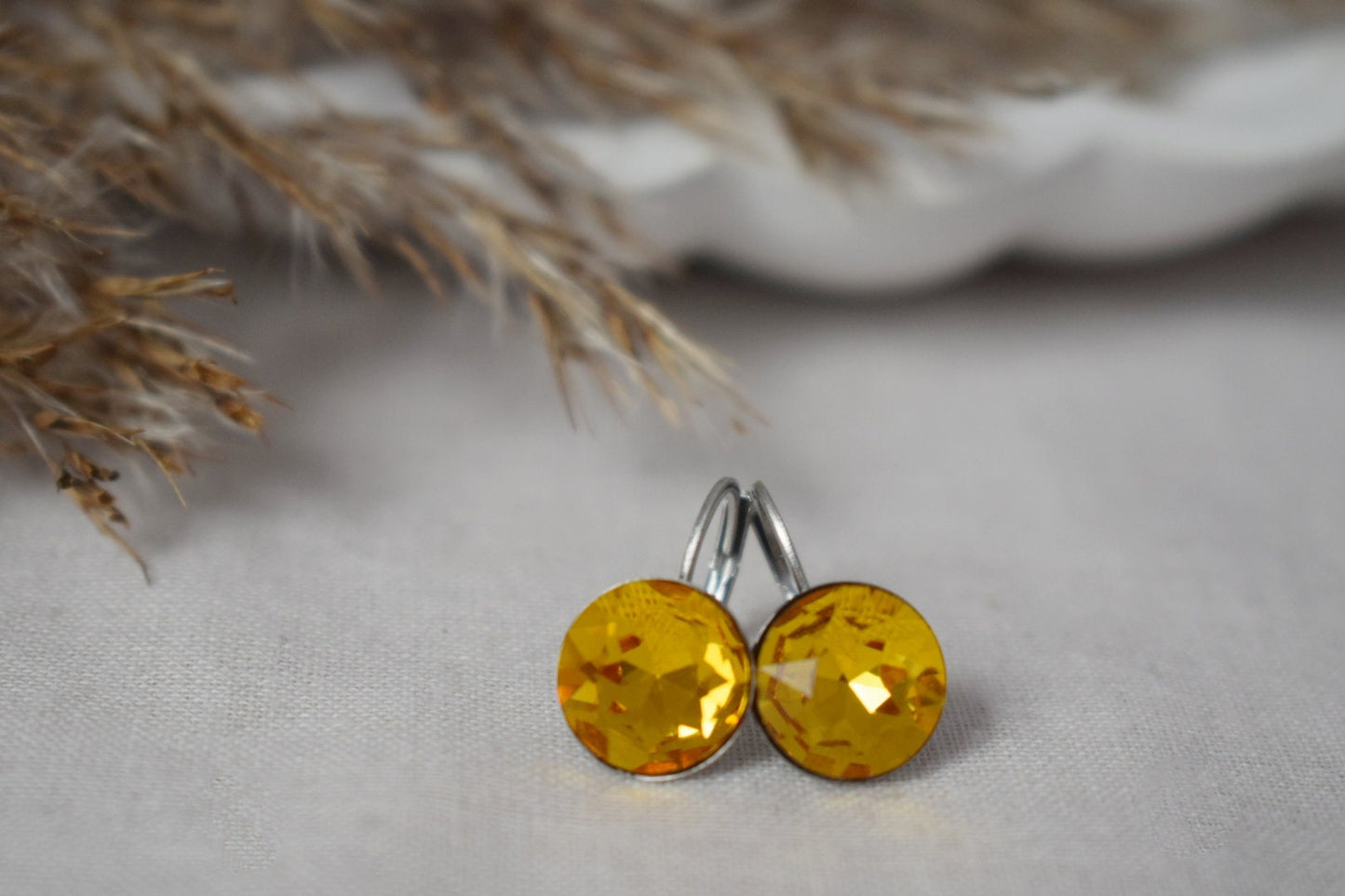 Yellow Rhinestone Earrings, Faceted, Crystal Earrings, 10mm, Glass Dangle Earrings, Small Elegant Leverback Earrings, Jewelry Gift For Her