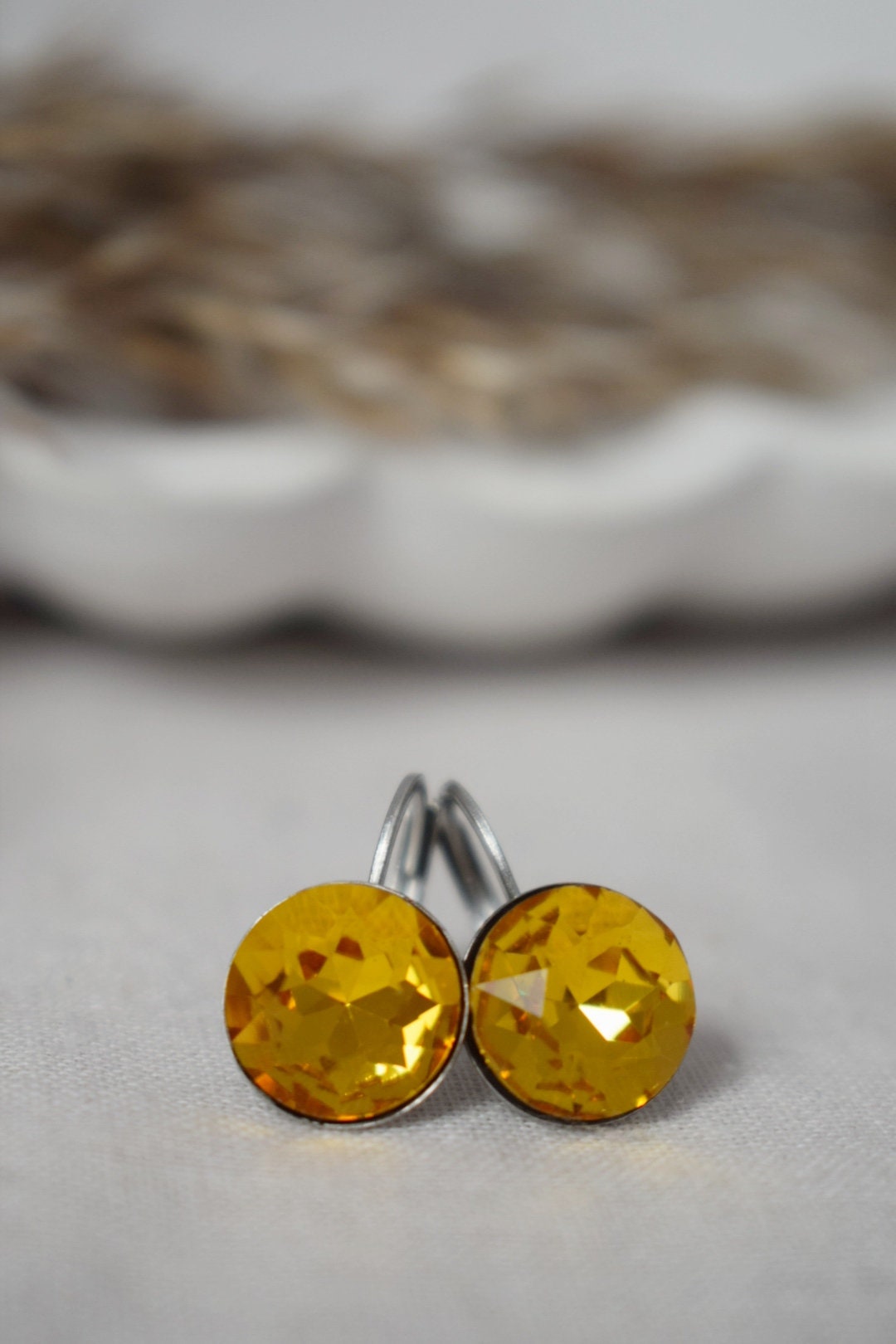 Yellow Rhinestone Earrings, Faceted, Crystal Earrings, 10mm, Glass Dangle Earrings, Small Elegant Leverback Earrings, Jewelry Gift For Her