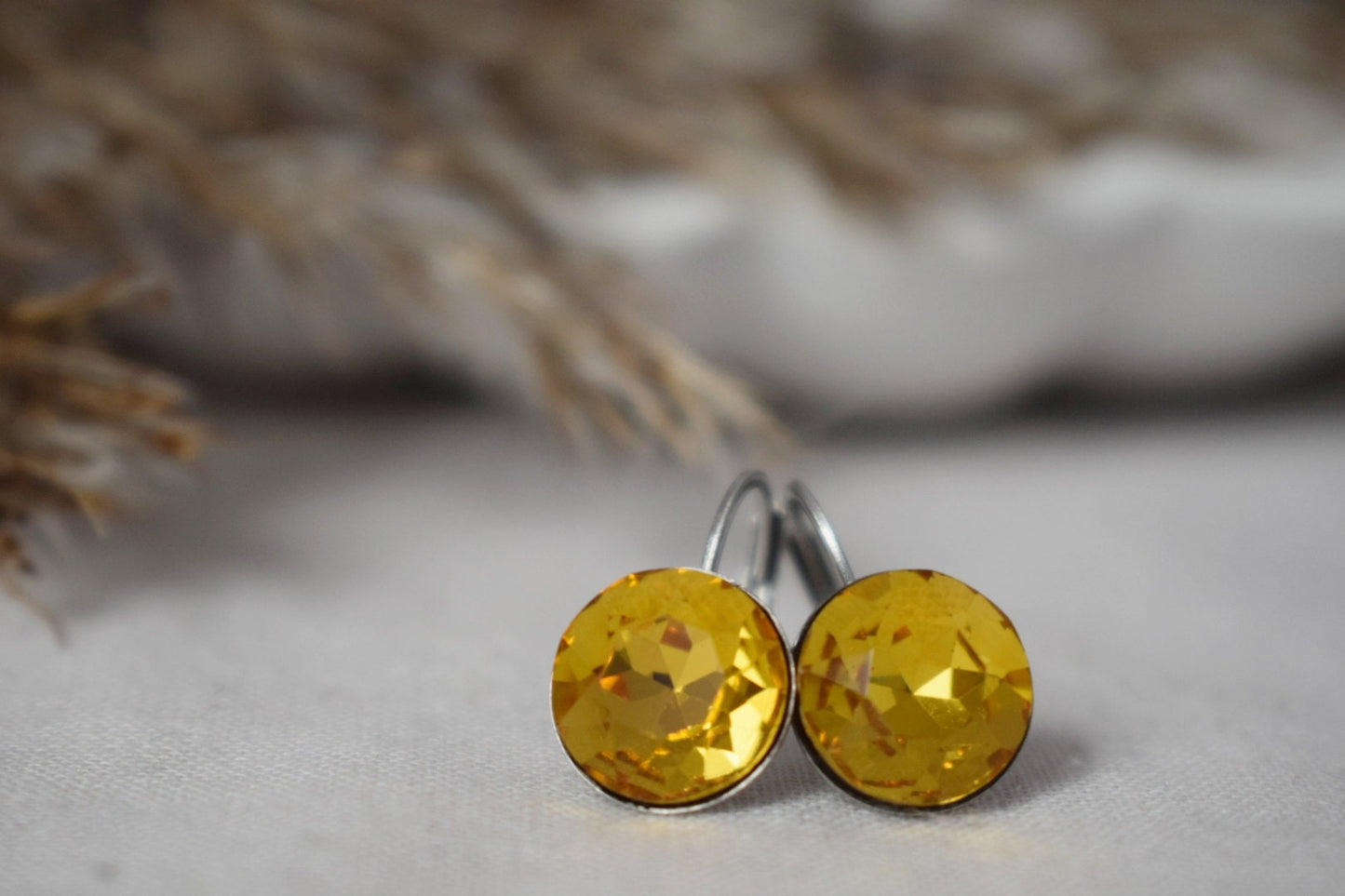 Yellow Rhinestone Earrings, Faceted, Crystal Earrings, 10mm, Glass Dangle Earrings, Small Elegant Leverback Earrings, Jewelry Gift For Her