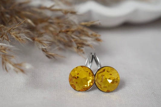 Gelbe Strass Ohrringe, Facettiert, Kristall Ohrringe, 10mm, Glas Baumeln Ohrringe, Kleine elegante Leverback Ohrringe, Schmuck Geschenk für Sie