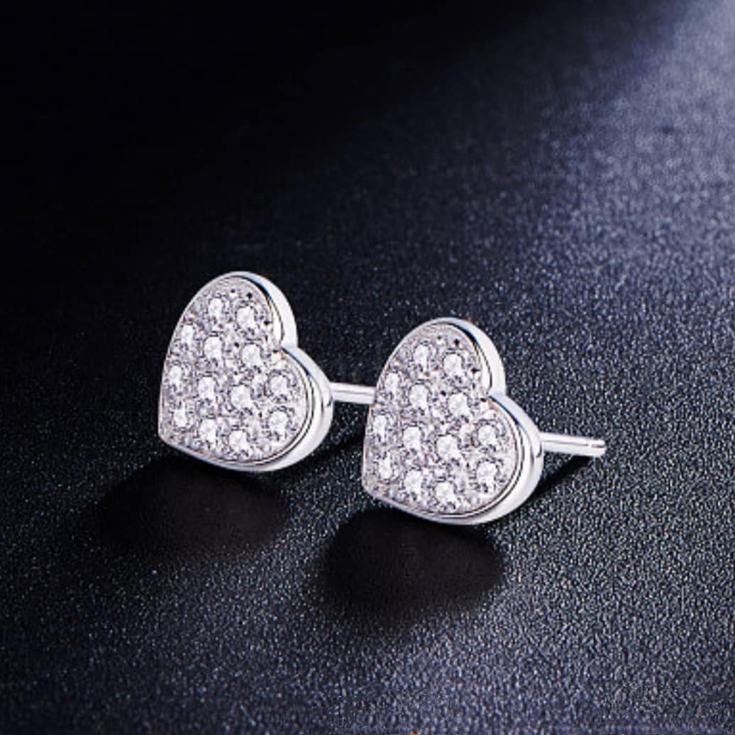 Sterling Silver Heart Stud Earrings • 925 Silver Cubic Zirconia Heart Earrings • Micro Pave Studs • Minimalist • Valentine's Day Jewelry