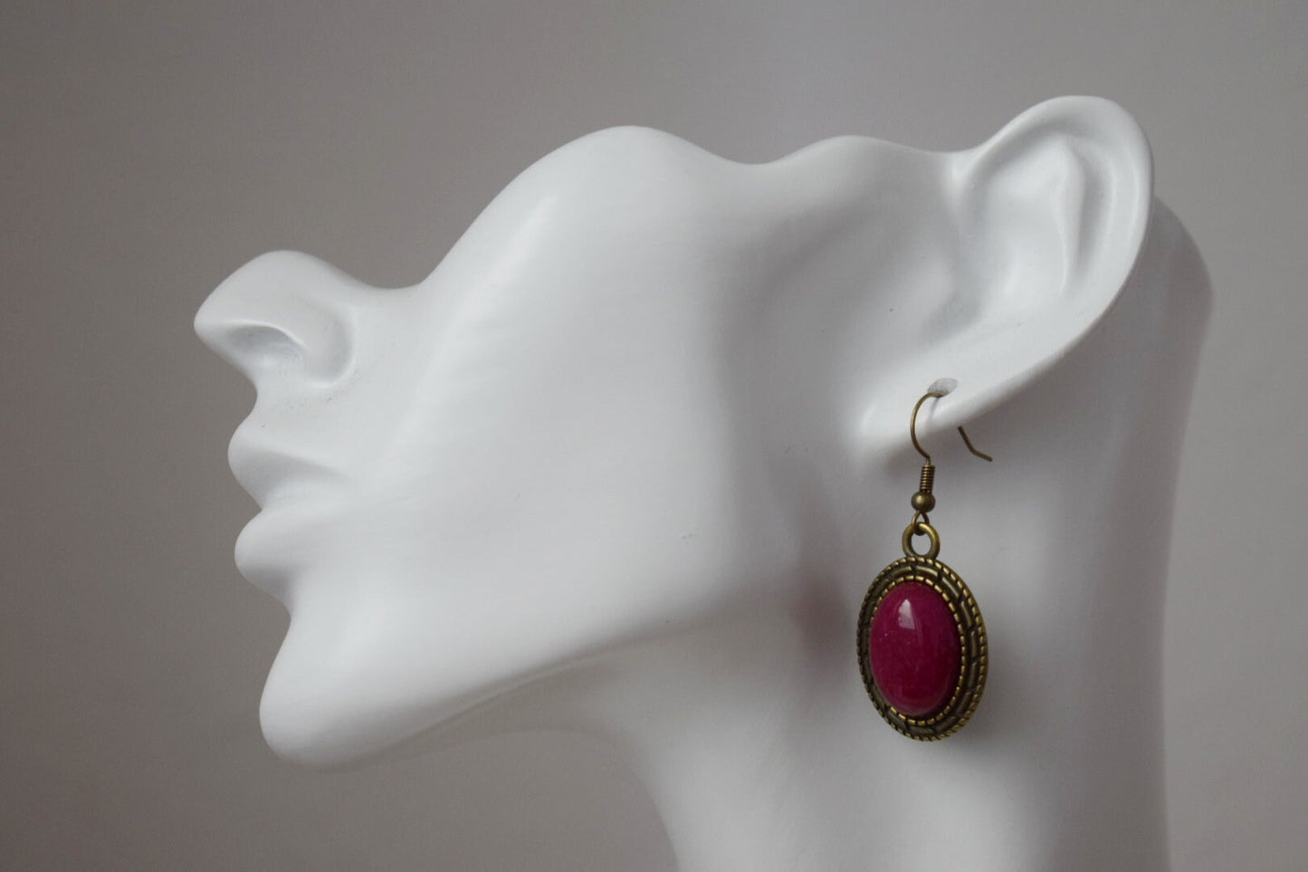 Vintage red jade dangle earrings, Burgundy red gemstone, Stone bronze oval pendant hanging, Statement filigree earrings, Jewelry gift women