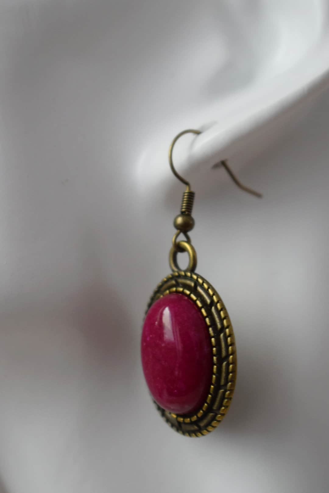 Vintage red jade dangle earrings, Burgundy red gemstone, Stone bronze oval pendant hanging, Statement filigree earrings, Jewelry gift women