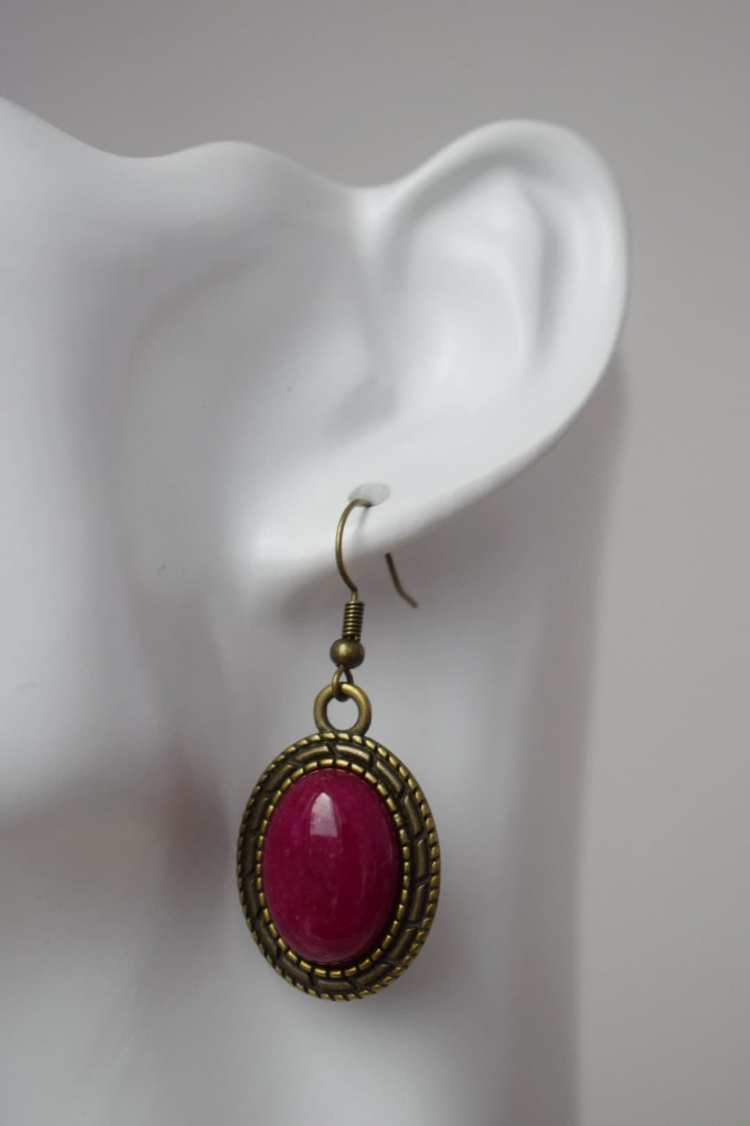 Vintage red jade dangle earrings, Burgundy red gemstone, Stone bronze oval pendant hanging, Statement filigree earrings, Jewelry gift women