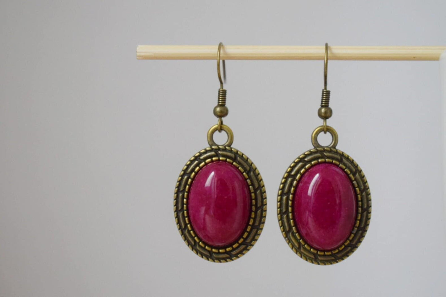 Vintage red jade dangle earrings, Burgundy red gemstone, Stone bronze oval pendant hanging, Statement filigree earrings, Jewelry gift women