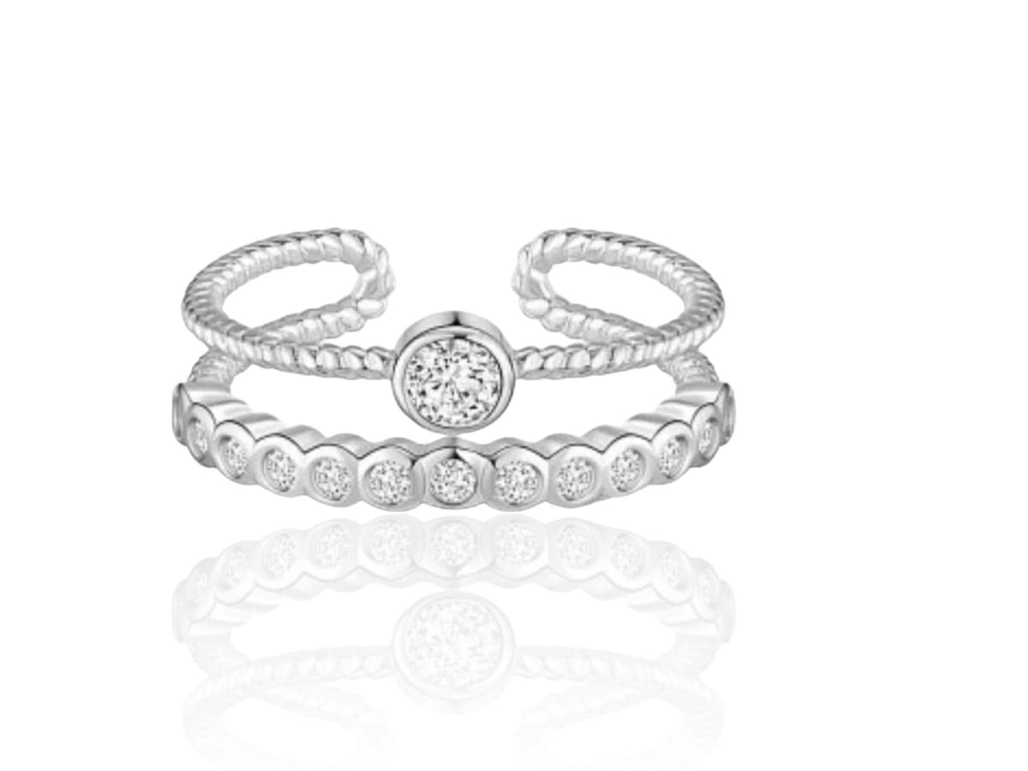 925 Sterling Silber Doppelbandring mit Zirkonia, Stapelring Sterling Silber Ring, offener 925 Sterling Silber Ring, Unikat Ring