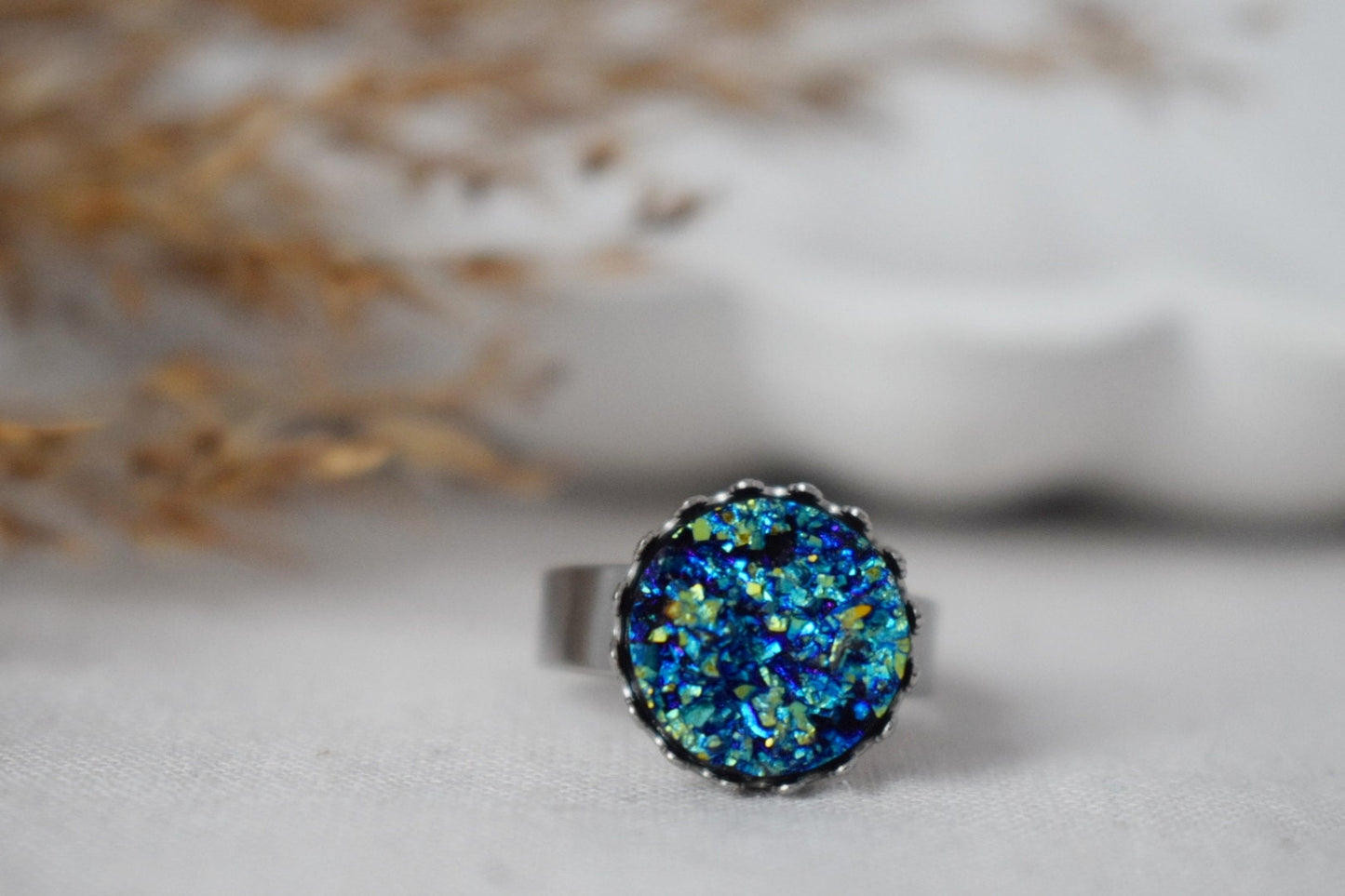 Kronenring mit blauem Druzy-Cabochon, Rosa, Silber, verstellbarer Statement-Ring, Alltäglicher runder Ring, Druzy-Schmuck, Geburtstagsgeschenk für Sie