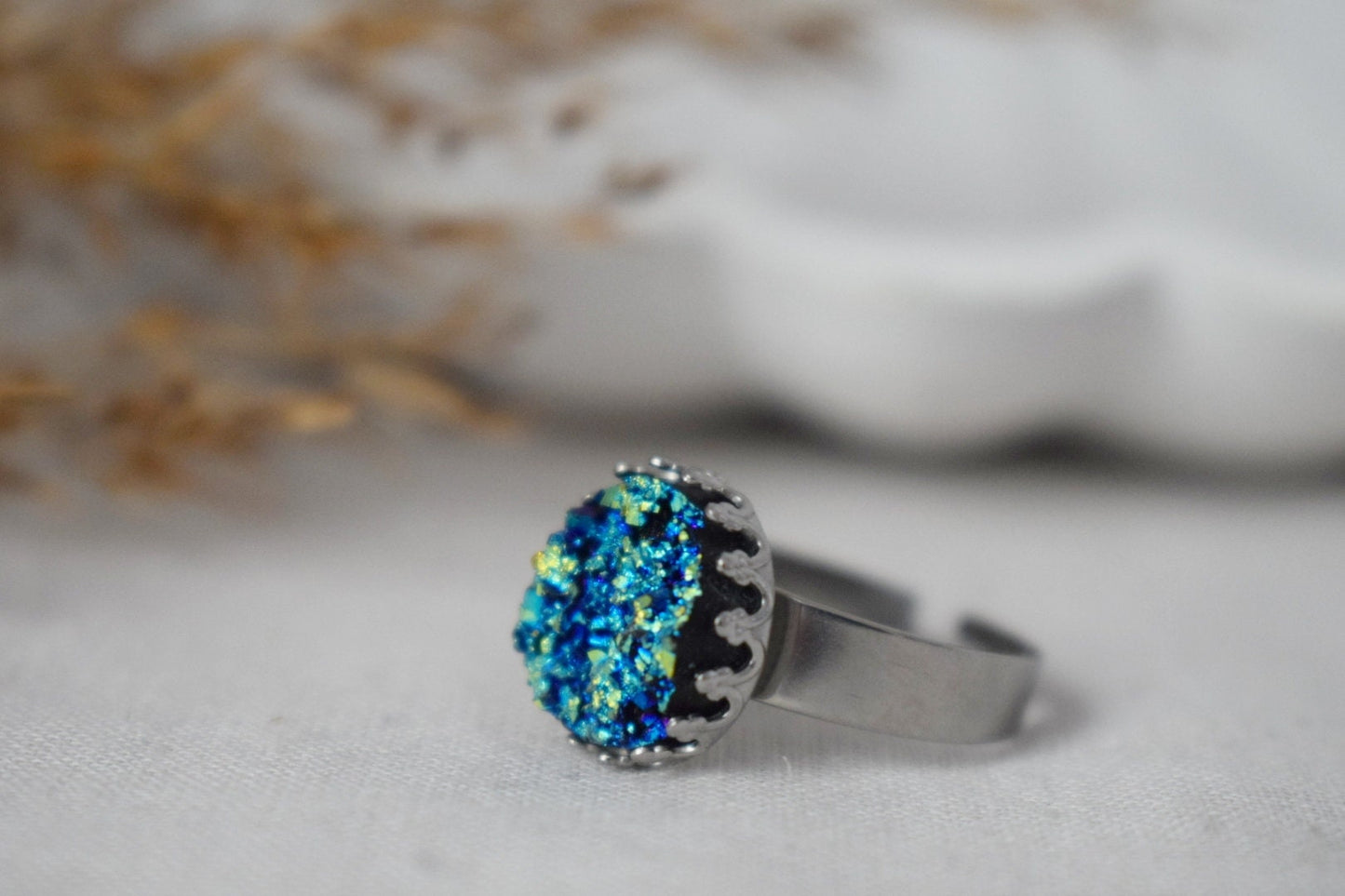 Kronenring mit blauem Druzy-Cabochon, Rosa, Silber, verstellbarer Statement-Ring, Alltäglicher runder Ring, Druzy-Schmuck, Geburtstagsgeschenk für Sie