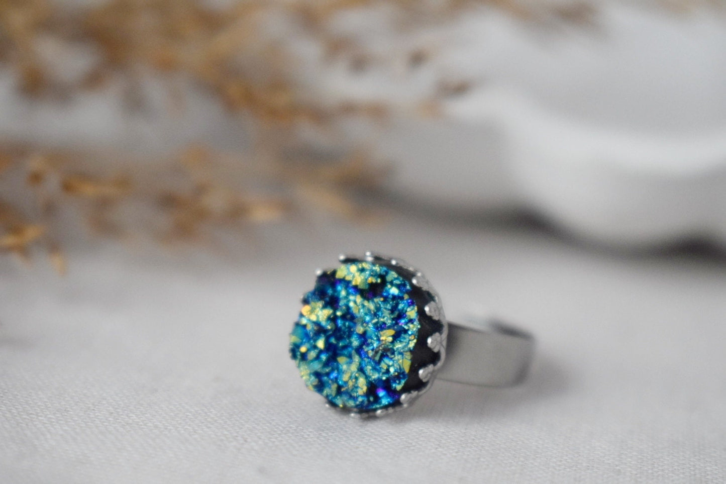 Kronenring mit blauem Druzy-Cabochon, Rosa, Silber, verstellbarer Statement-Ring, Alltäglicher runder Ring, Druzy-Schmuck, Geburtstagsgeschenk für Sie