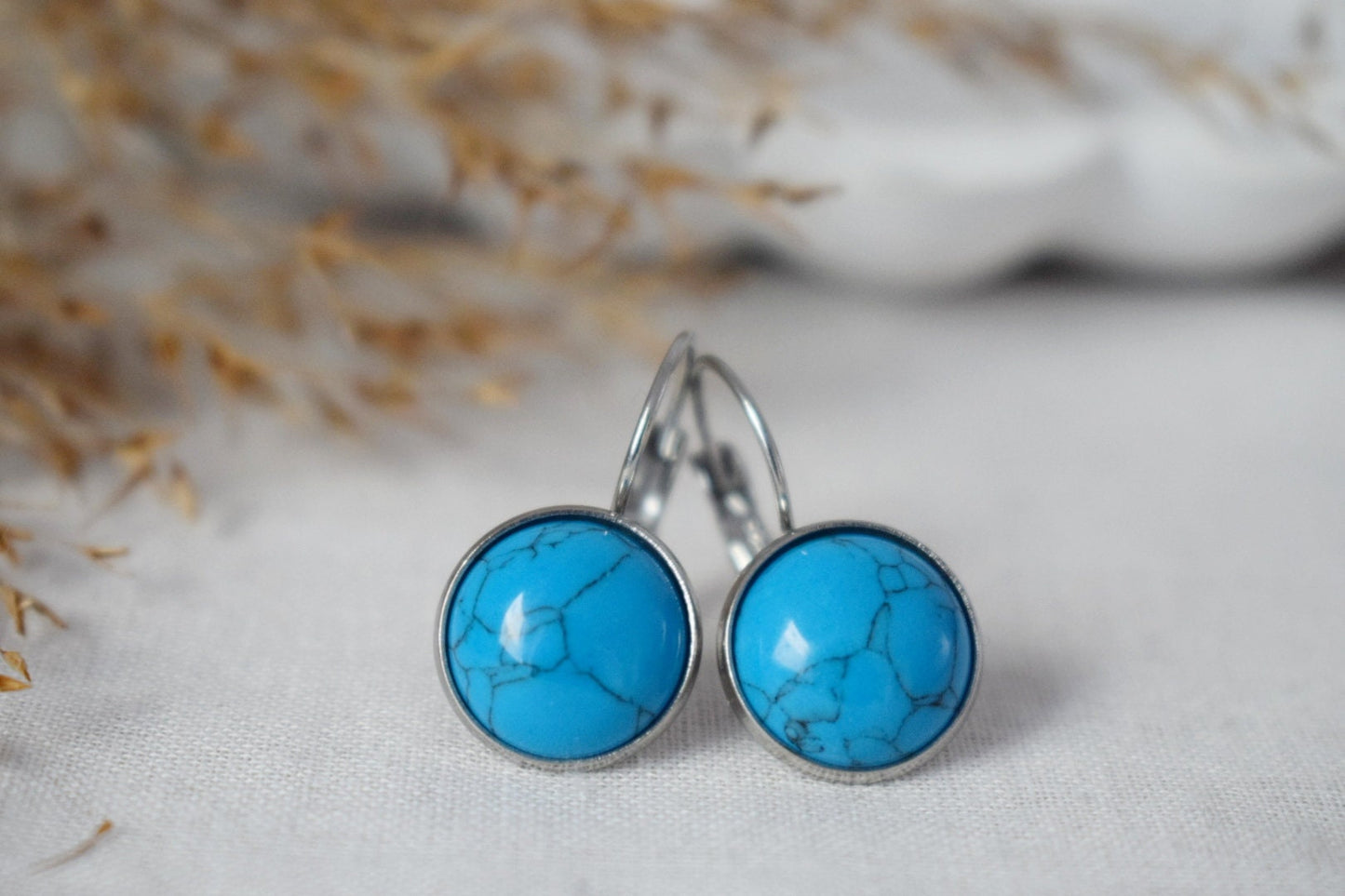 Türkisfarbene Ohrhänger, 12 mm, rund, Edelstein, Edelstahl, Hebelverschluss, Unisex-Schmuck, bestes Weihnachtsgeschenk