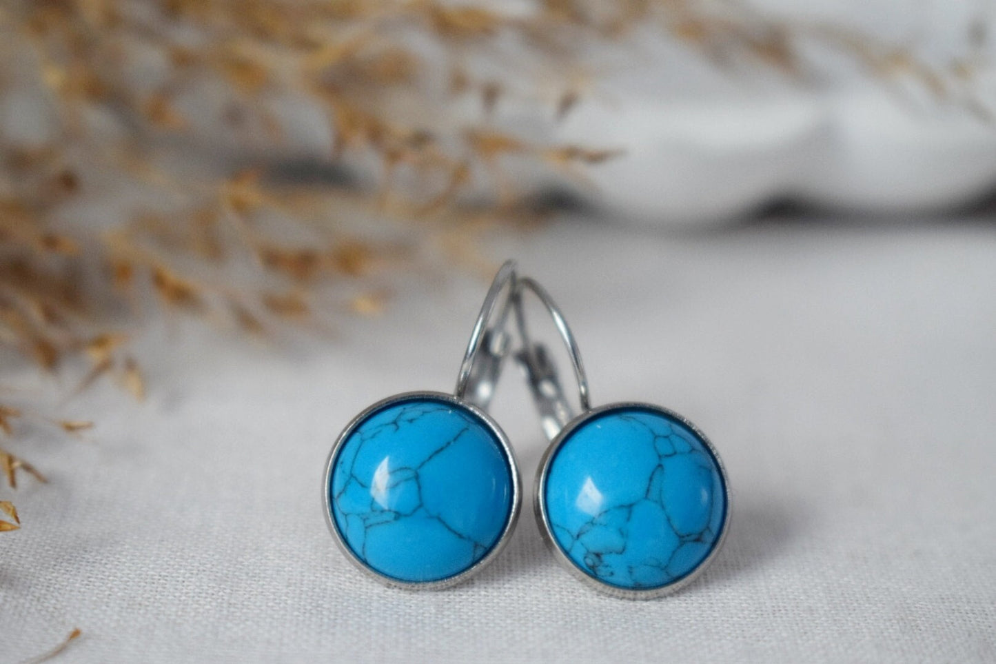 Türkisfarbene Ohrhänger, 12 mm, rund, Edelstein, Edelstahl, Hebelverschluss, Unisex-Schmuck, bestes Weihnachtsgeschenk