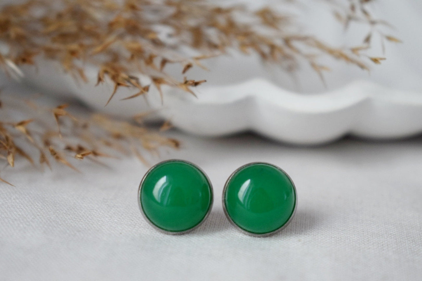 Grüne Jade Ohrstecker, 12mm Runde Edelstein Ohrstecker, Edelstahl Push Beck Ohrringe, Schmuck Geschenk, Muttertagsgeschenk