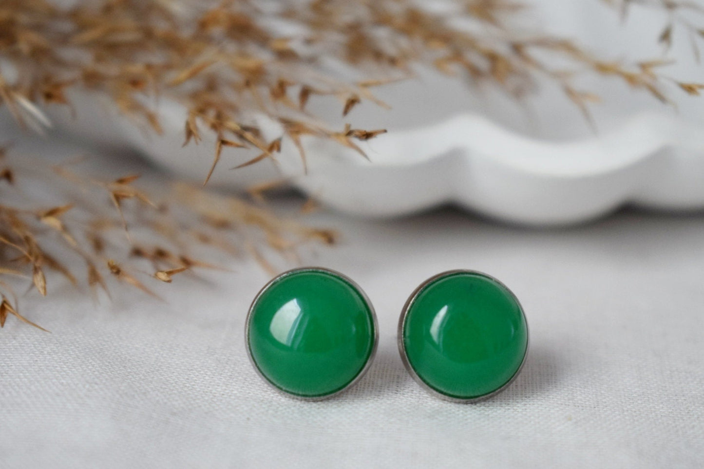 Grüne Jade Ohrstecker, 12mm Runde Edelstein Ohrstecker, Edelstahl Push Beck Ohrringe, Schmuck Geschenk, Muttertagsgeschenk