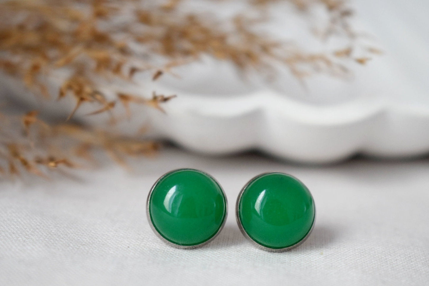 Grüne Jade Ohrstecker, 12mm Runde Edelstein Ohrstecker, Edelstahl Push Beck Ohrringe, Schmuck Geschenk, Muttertagsgeschenk