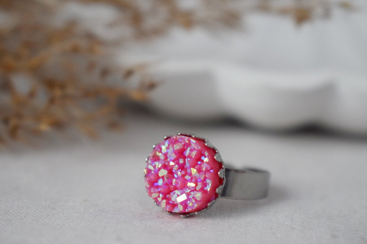 Kronenring mit blauem Druzy-Cabochon, Rosa, Silber, verstellbarer Statement-Ring, Alltäglicher runder Ring, Druzy-Schmuck, Geburtstagsgeschenk für Sie