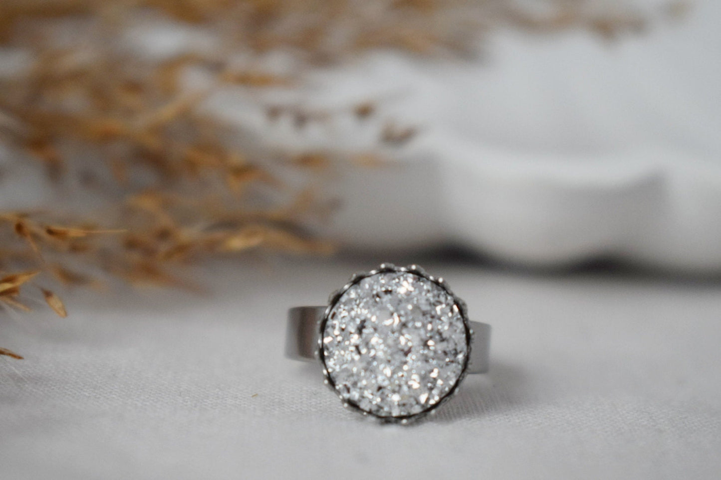 Kronenring mit blauem Druzy-Cabochon, Rosa, Silber, verstellbarer Statement-Ring, Alltäglicher runder Ring, Druzy-Schmuck, Geburtstagsgeschenk für Sie