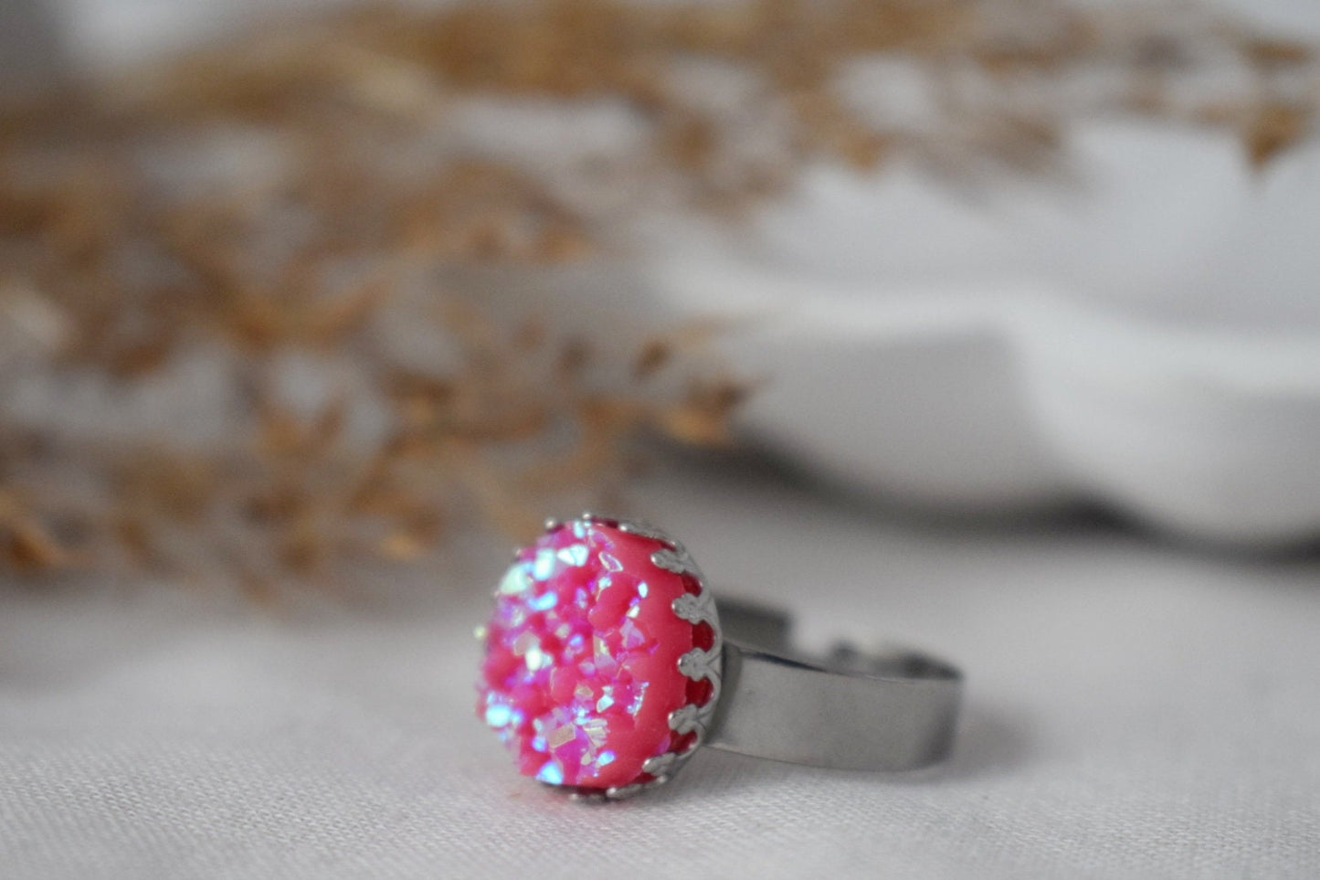 Kronenring mit blauem Druzy-Cabochon, Rosa, Silber, verstellbarer Statement-Ring, Alltäglicher runder Ring, Druzy-Schmuck, Geburtstagsgeschenk für Sie