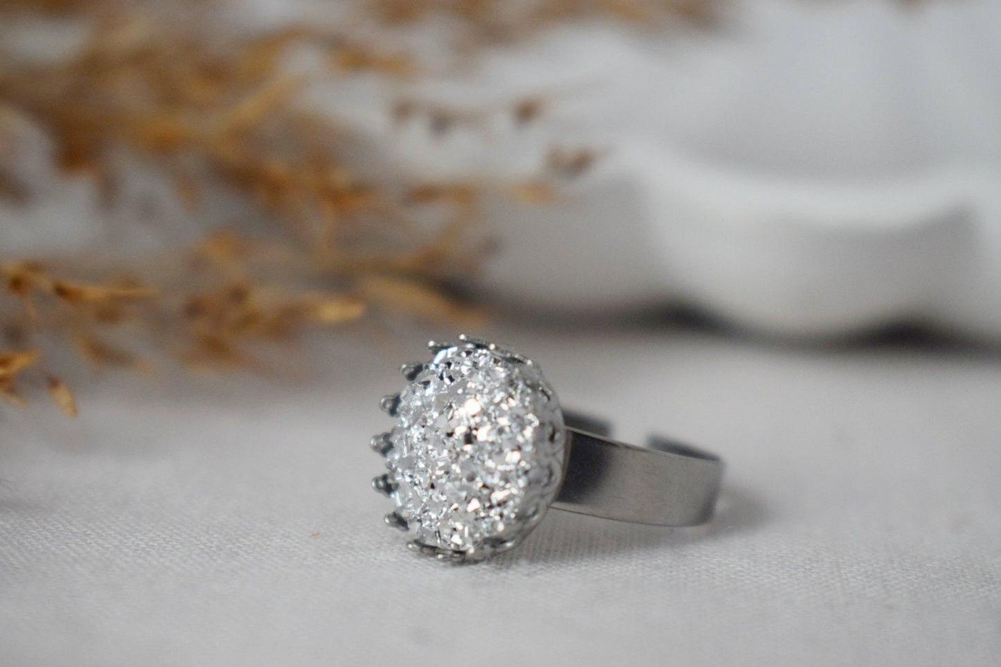 Kronenring mit blauem Druzy-Cabochon, Rosa, Silber, verstellbarer Statement-Ring, Alltäglicher runder Ring, Druzy-Schmuck, Geburtstagsgeschenk für Sie