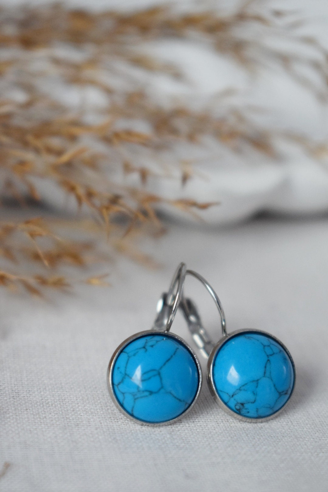 Türkisfarbene Ohrhänger, 12 mm, rund, Edelstein, Edelstahl, Hebelverschluss, Unisex-Schmuck, bestes Weihnachtsgeschenk