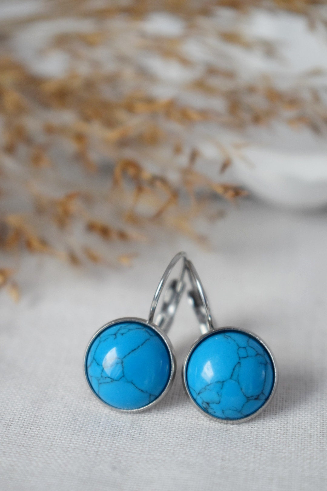 Türkisfarbene Ohrhänger, 12 mm, rund, Edelstein, Edelstahl, Hebelverschluss, Unisex-Schmuck, bestes Weihnachtsgeschenk