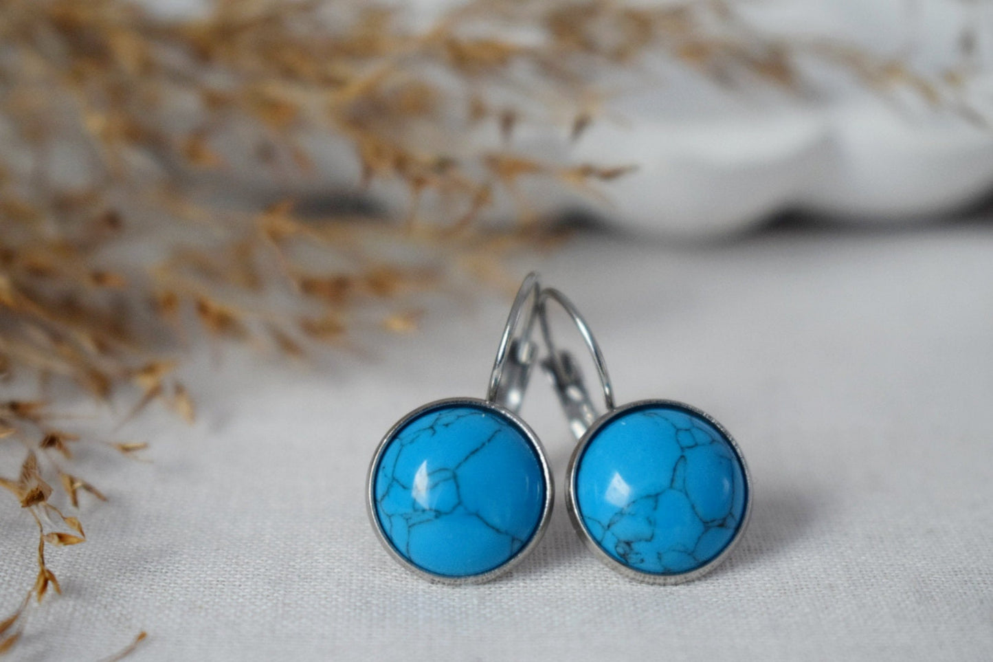 Türkisfarbene Ohrhänger, 12 mm, rund, Edelstein, Edelstahl, Hebelverschluss, Unisex-Schmuck, bestes Weihnachtsgeschenk