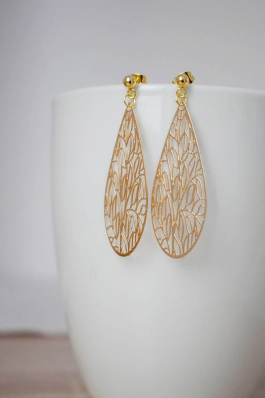 Ornament-Tropfen-Ohrstecker für Frauen, vergoldete Edelstahl-Ohrstecker mit filigranem Anhänger, Boho-Schmuck, Einzigartiges Geschenk für Sie