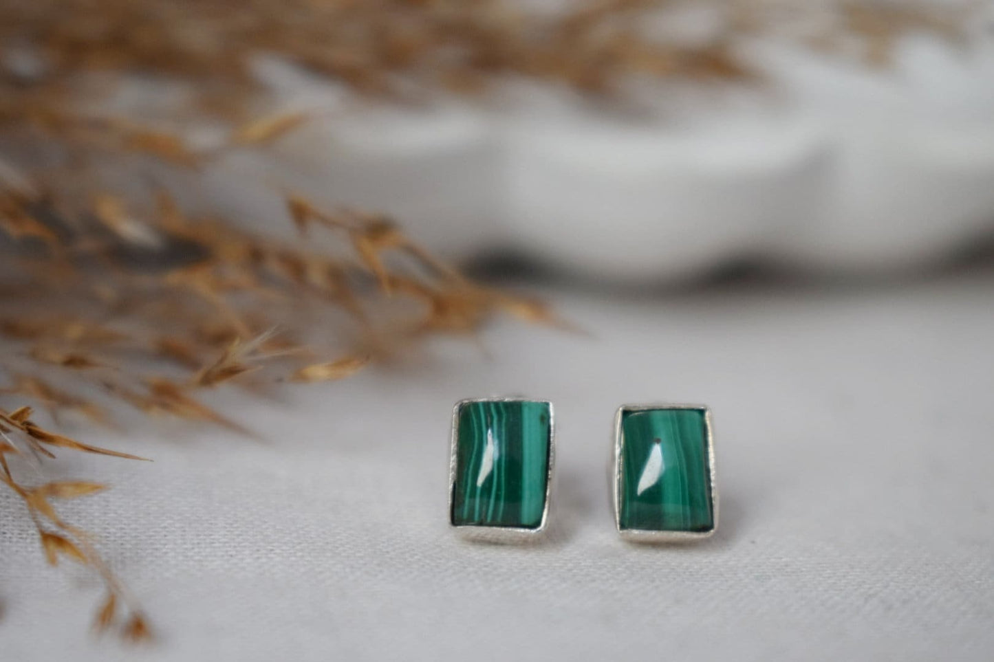 Small Natural Malachite Stud Earrings,  Sterling Silver Rectangle Post Earrings, Green Gemstone Birthstone, Handmade Silver Jewelry Gift her