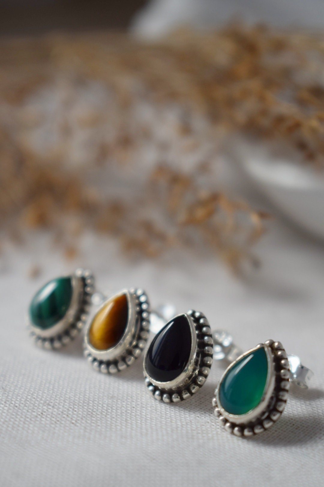 Teardrop Malachite Stud Earrings in 925 Sterling Silver, Small Drop Gemstone, Natural stone, Green Boho Jewelry, Valentine's Gift For Her