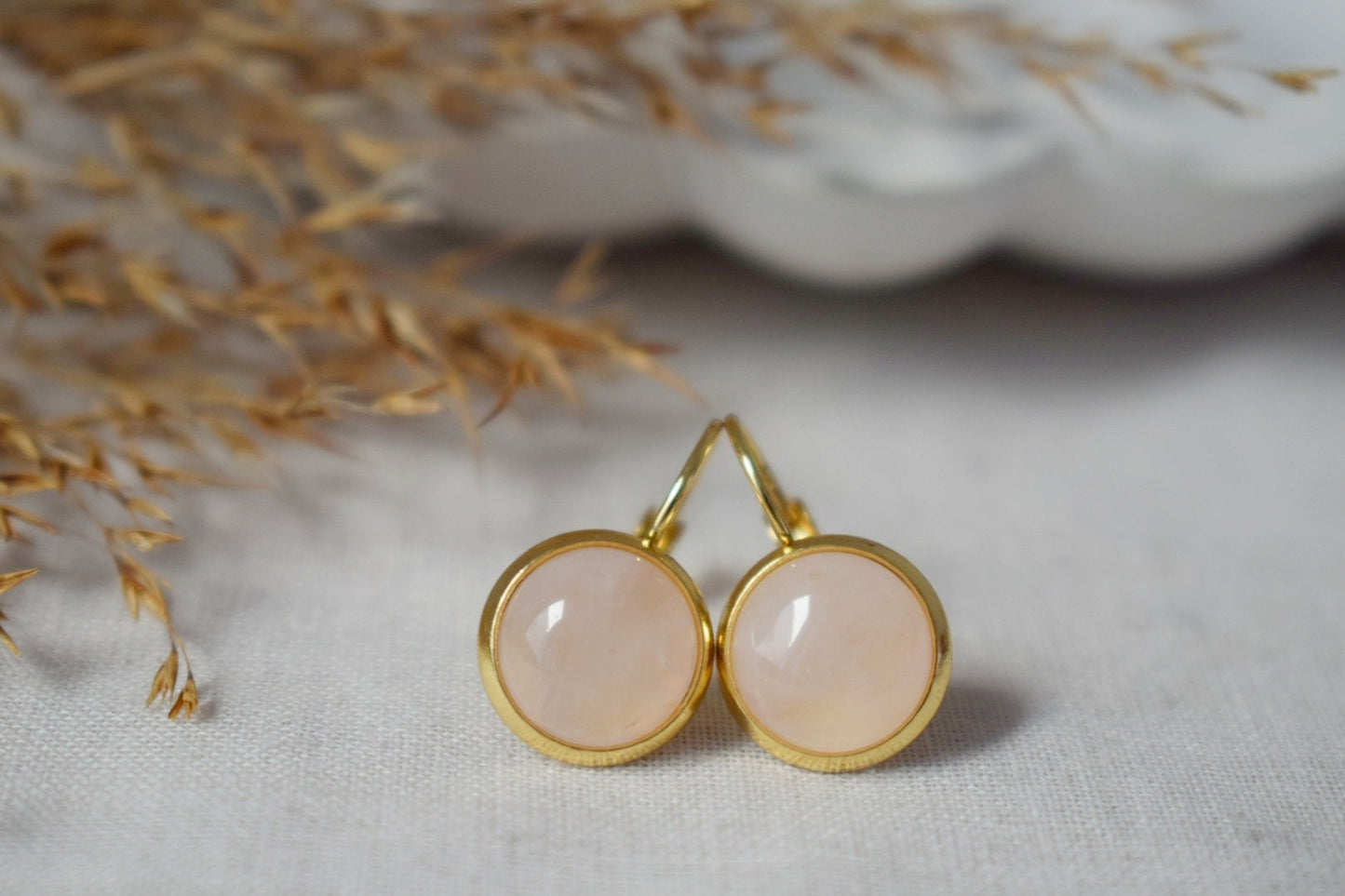 Rosenquarz Ohrringe baumeln, 10mm, Edelstein runde vergoldete Edelstahl Ohrringe mit Hebelverschluss, Schmuck Geschenk für Sie